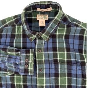 LL Bean Flannel Shirt Traditional Fit Mens M Tall Navy/Green Plaid Flannel Shirt